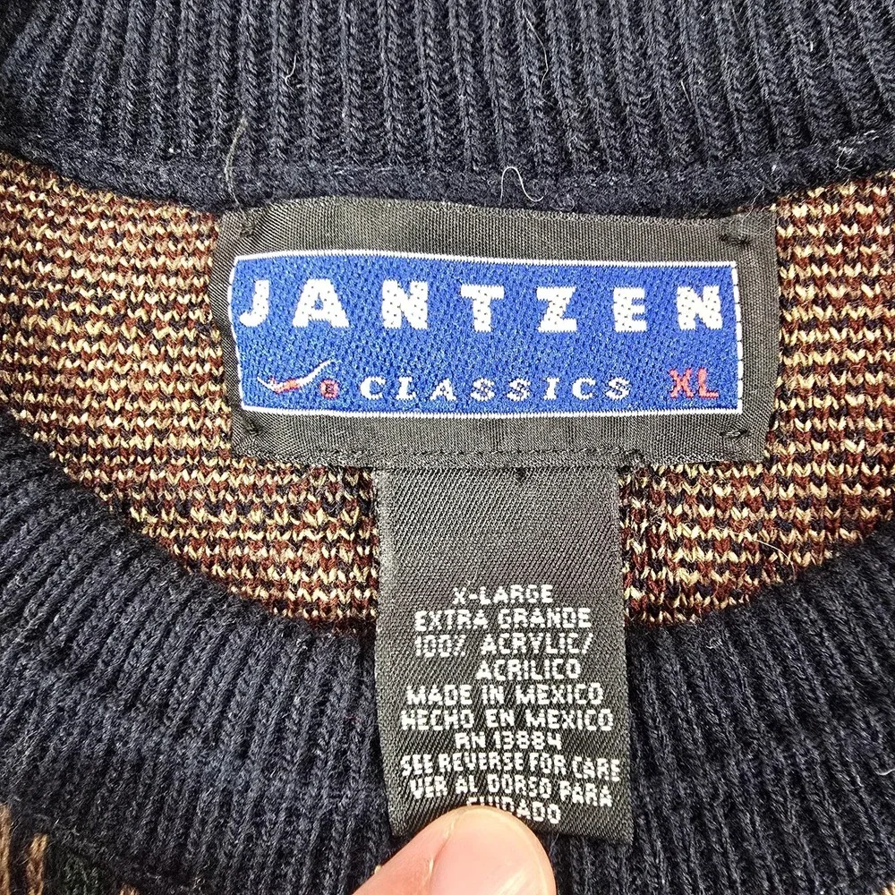 Vintage Jantzen Sweater Mens XL‎ Multicolor Geometric Patchwork Crew Pullover